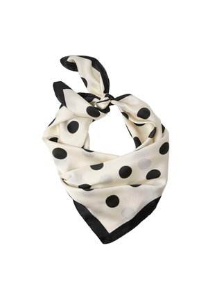 Zijden sjaal met een crèmekleurige achtergrond en zwarte en grijze stippen, vastgeknoopt in een knoop. Zwarte rand langs de randen. Gladde textuur.