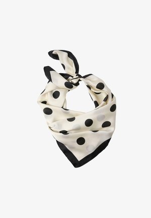 Hedvábný šátek s krémovým pozadím a černými a šedými puntíky, sepnutý do uzlu. Černý lem podél okrajů. Hladká textura.