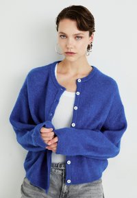 Blue knitted cardigan with a round neckline and button closure; features long sleeves and a soft texture, paired with a white ribbed top.