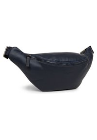 Marsupio in pelle blu navy con forma curvata, dotato di una cerniera frontale, texture liscia e dettagli di cucitura a contrasto.