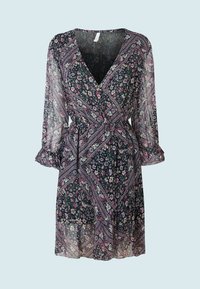 Abito a stampa floreale in tessuto nero trasparente con design avvolgente. Presenta maniche lunghe, polsini arricciati e una cintura alla vita.