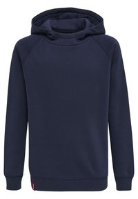 Felpa blu navy in tessuto morbido, con un ampio cappuccio, maniche raglan e orlo e polsini a coste. Dettaglio del logo rosso ben evidente.