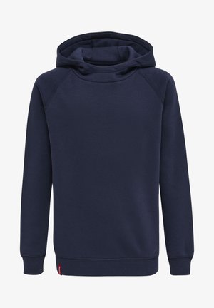 Hoodie bleu marine en tissu doux, avec une grande capuche, des manches raglan et un ourlet et des poignets côtelés. Détail du logo rouge remarquable.
