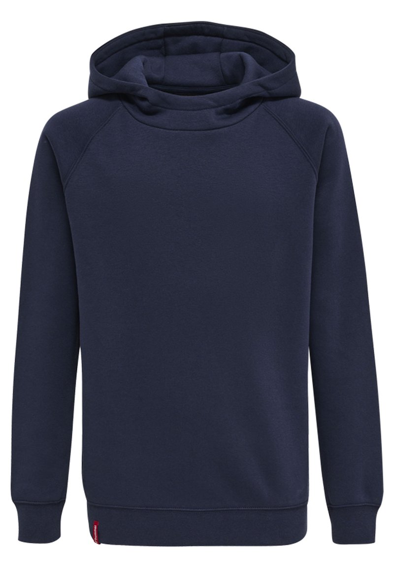 Felpa blu navy in tessuto morbido, con un ampio cappuccio, maniche raglan e orlo e polsini a coste. Dettaglio del logo rosso ben evidente.