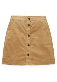 Jupe en velours côtelé marron clair avec cinq boutons noirs sur le devant et poches latérales, forme trapèze et ourlet cousu.