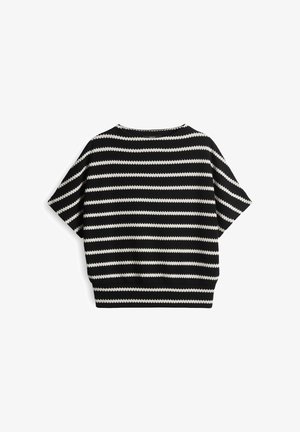 Zwart-wit gestreept T-shirt met korte mouwen, een losse pasvorm en ronde halslijn, gemaakt van een gestructureerde stof en met een zigzagpatroon.