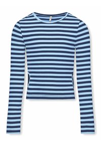 Pitkähihaine paita, jossa on tummansinisiä ja vaaleansinisiä raitoja, pyöreä kaula-aukko ja lyhennetty malli. Valmistettu pehmeästä, joustavasta kankaasta.