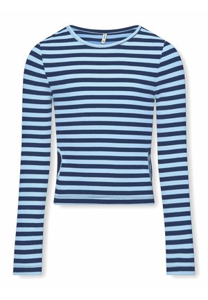 Langärmliges Oberteil mit marineblauen und hellblauen Streifen, rundem Halsausschnitt und cropped Schnitt. Hergestellt aus weichem, elastischem Material.