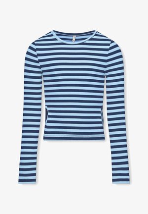 Pitkähihaine paita, jossa on tummansinisiä ja vaaleansinisiä raitoja, pyöreä kaula-aukko ja lyhennetty malli. Valmistettu pehmeästä, joustavasta kankaasta.