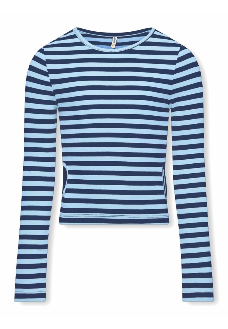 Pitkähihaine paita, jossa on tummansinisiä ja vaaleansinisiä raitoja, pyöreä kaula-aukko ja lyhennetty malli. Valmistettu pehmeästä, joustavasta kankaasta.