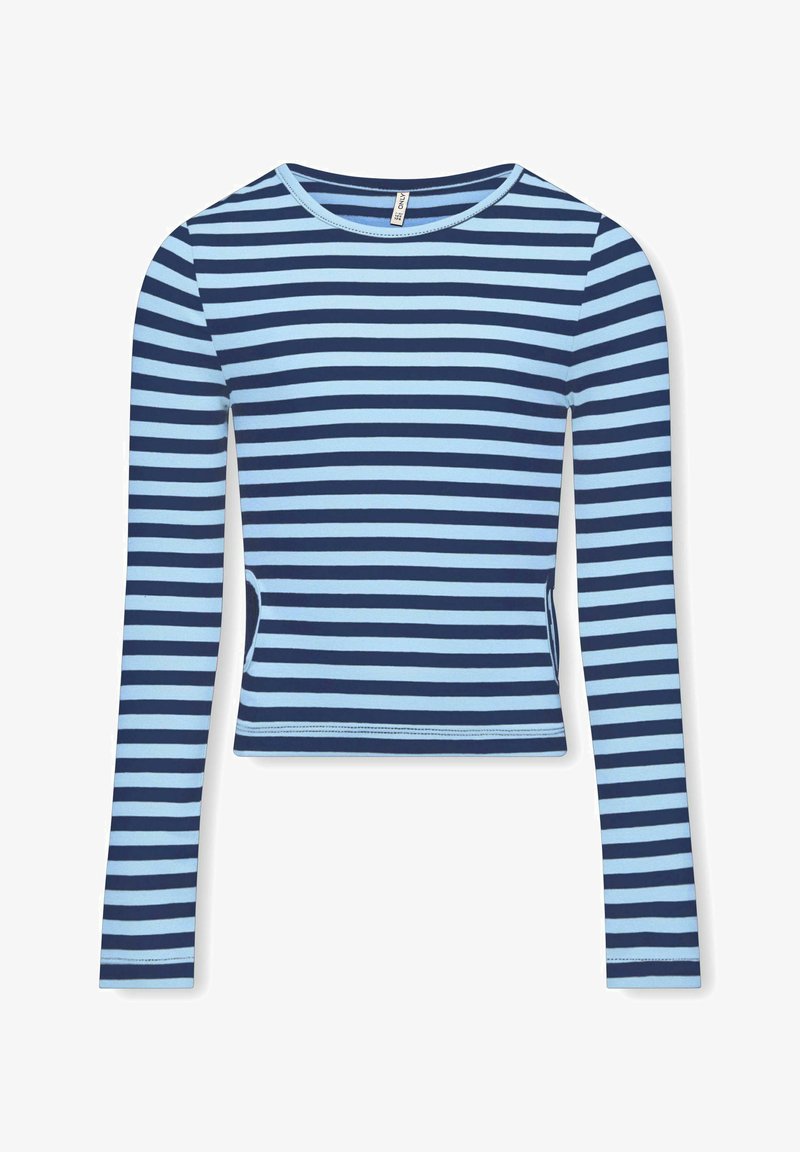 Pitkähihaine paita, jossa on tummansinisiä ja vaaleansinisiä raitoja, pyöreä kaula-aukko ja lyhennetty malli. Valmistettu pehmeästä, joustavasta kankaasta.