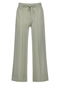 Light green wide-leg pants with a drawstring waist, made of soft fabric, featuring visible stitching along the front sides.