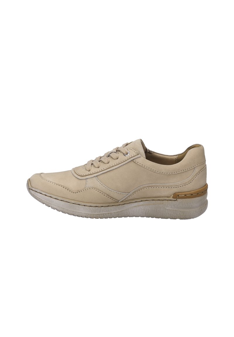 Sneaker in pelle beige con tomaia liscia, design con lacci, suola in gomma, dettagli di cucitura discreti e una suola intermedia di colore chiaro.