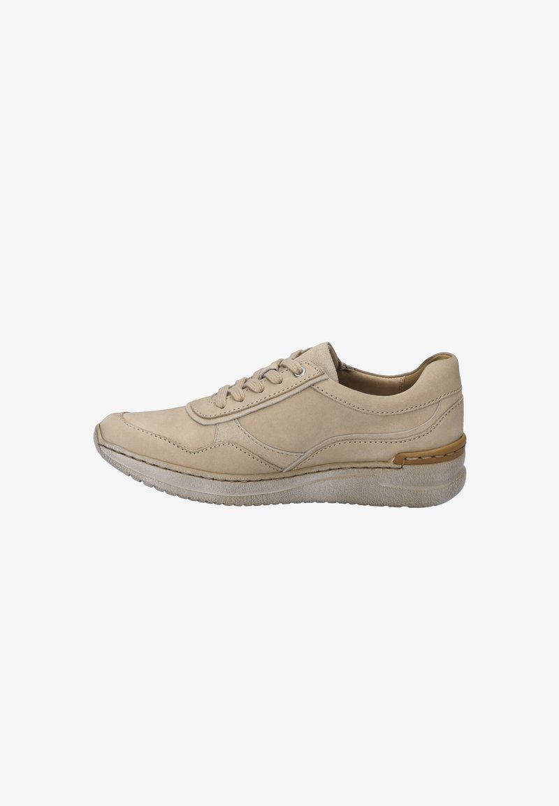 Sneaker in pelle beige con tomaia liscia, design con lacci, suola in gomma, dettagli di cucitura discreti e una suola intermedia di colore chiaro.