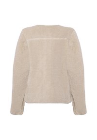 Beige long-sleeve sherpa fleece jacket with a soft, textured surface shown from the back on a white background.