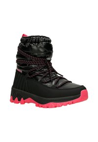 Zwarte winterlaars met een bolle bovenkant, roze accenten en een gestructureerde rubberen zool. Voorzien van dikke veters en een geraffineerd enkelontwerp voor extra comfort.