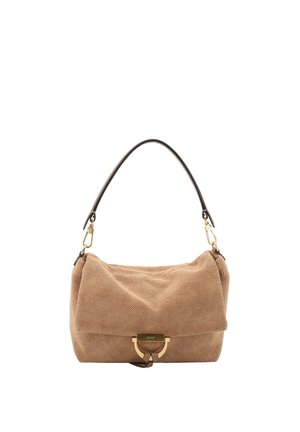 Beige Schultertasche aus strukturiertem Stoff mit schwarzem Riemen und goldfarbenem Halbkreis-Verschluss an der Vorderseite in der Mitte.