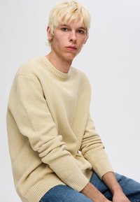 Beidzis adīts džemperis ar teksturētu rakstu, ribotas piedurknes un apaļu kakla izgriezumu. Valkāts pār gaiši ziliem džinsiem uz neitrāla fona.