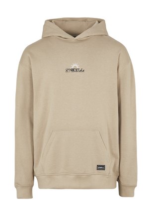 Beżowa bluza z kapturem O'Neill z przednią kieszenią kangurka, małą czarną naszywką z logo na dole oraz grafiką słońca O'Neill na środku klatki piersiowej.