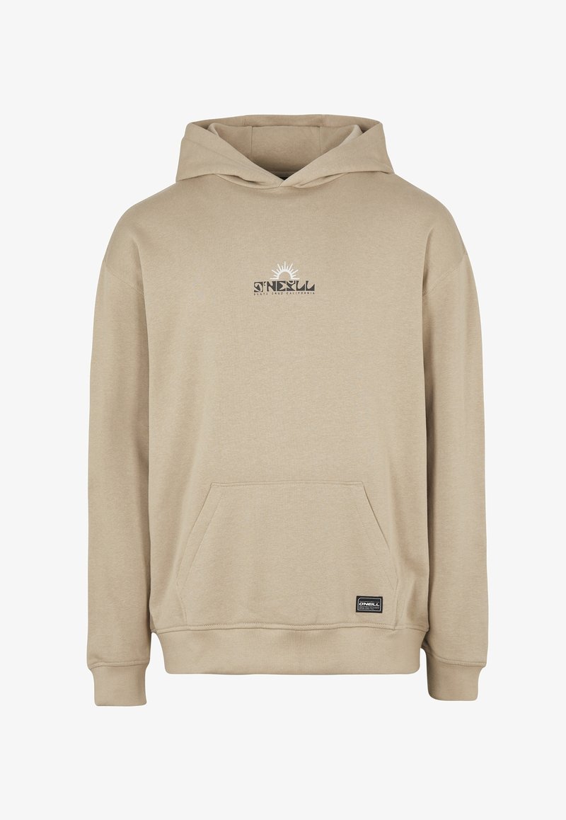 Sweat à capuche beige O'Neill avec poche kangourou à l'avant, petit patch logo noir à l'ourlet, et graphisme soleil O'Neill centré sur la poitrine.