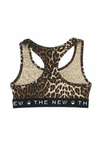 Leopardmönstrad sport-bh med en svart elastisk remsor märkt "THE NEW", med racersnitt och kontrasterande texturer.