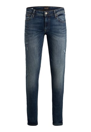 Wąskie jeansy z ciemnoniebieskiego denimu z lekkim przetarciem, niewielkimi uszkodzeniami, zapięciem na guziki oraz kieszeniami z przodu i z tyłu.