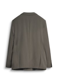 Blazer khaki realizzato in tessuto liscio, caratterizzato da un design su misura, rever a punta e una fessura singola sul retro.