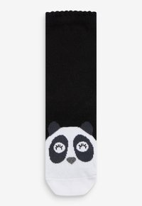 Calzino nero con un design di faccia di panda bianco sulla punta, con orecchie nere e dettagli del viso. Tessuto morbido con bordo elastico.