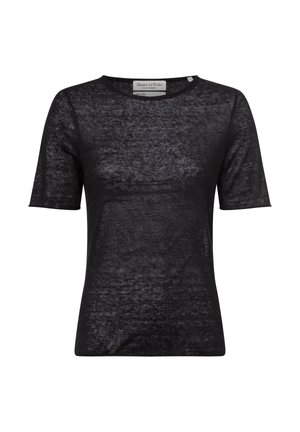 Zwarte t-shirt met korte mouwen van een doorschijnende, gestructureerde stof. Beschikt over een ronde hals en minimale branding op het binnenlabel.