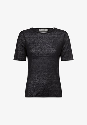 Black short-sleeve t-shirt made of thin, textured fabric. Features a round neckline and smooth finishing with a subtle sheen. Brand label visible.