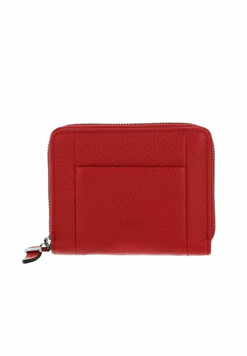 Portefeuille en cuir rouge avec une finition texturée, doté d'une fermeture éclair et d'un emplacement pour carte à l'avant. Forme compacte et rectangulaire.