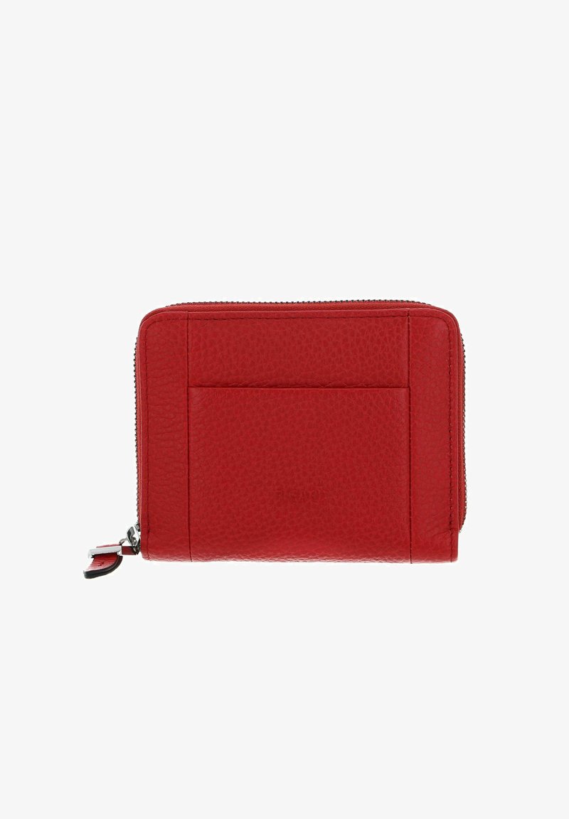 Portefeuille en cuir rouge avec une finition texturée, doté d'une fermeture éclair et d'un emplacement pour carte à l'avant. Forme compacte et rectangulaire.