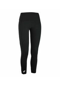 Leggings atletici neri con vita alta, texture liscia e design aderente. Presentano un piccolo logo bianco vicino al fondo.