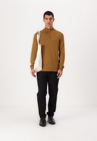 Maglione marrone lavorato a maglia con colletto a mezze zip, abbinato a pantaloni neri e scarpe nere. Il modello tiene una borsa a tracolla in tela bianca.