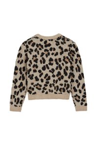 Pulover z leopardjim vzorcem v bež barvi z obarvanimi temno rjavimi in svetlo rjavimi madeži. Pletena tekstura, okrogli izrez, ter rebraste manšete in rob.
