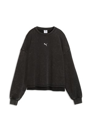 Sweat noir Puma à manches longues avec col rond et poignets côtelés, avec un petit logo blanc Puma centré sur la poitrine.