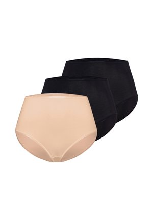 Tre slip a vita alta senza cuciture, due neri e uno beige, sovrapposti e mostrati su uno sfondo bianco.