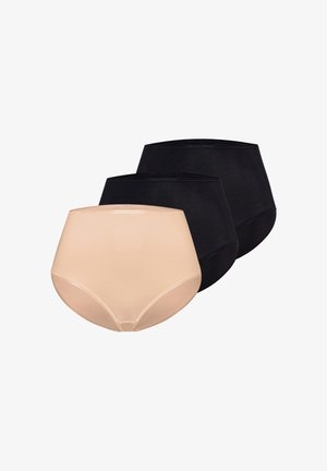 Drei nahtlose, hoch taillierte Unterhosen, zwei in Schwarz und eine in Beige, überlappend vor weißem Hintergrund dargestellt.