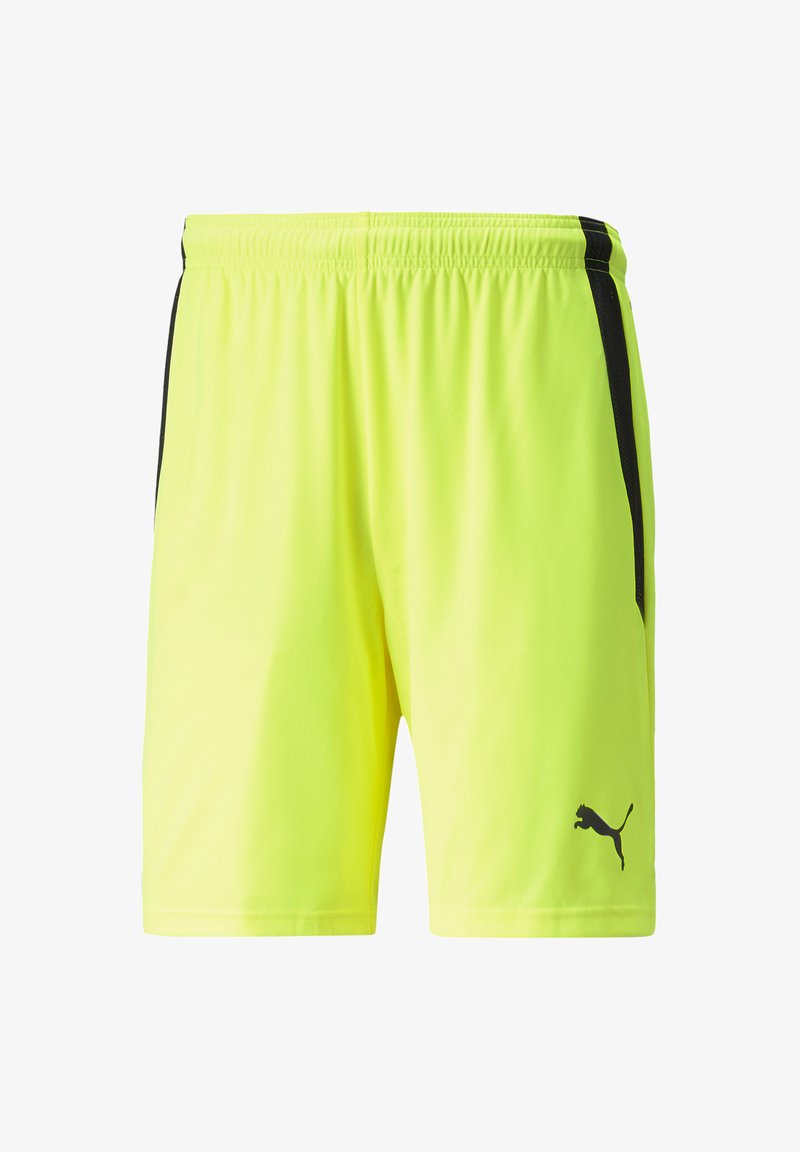 Heldere neon gele sport shorts gemaakt van lichtgewicht stof, met zwarte zijkanten en een zwart logo op het linker onderbeen.
