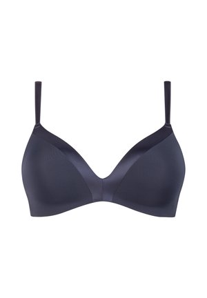 Navy bra with a smooth texture, featuring a plunging neckline and adjustable straps. Made from stretchy material, providing comfort and support.