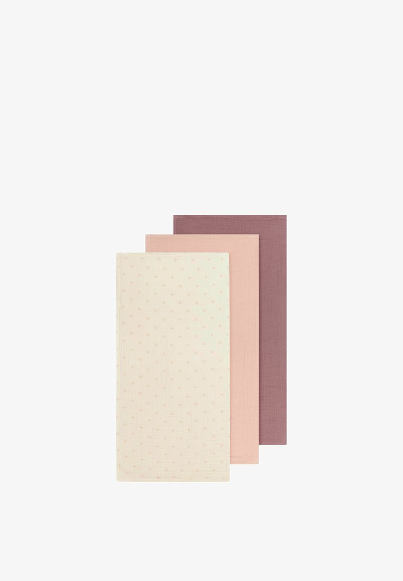 Set of three cotton fabric napkins: one cream with small pink hearts, one solid light pink, and one dark mauve. All are rectangular.