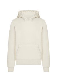 Cremefarbener Kapuzenpullover aus weichem Stoff. Verfügt über eine vordere Kängurutasche sowie gerippte Bündchen und Saum. Einfaches, schmuckloses Design.