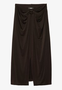 Jupe midi noire en tissu doux, présentant un design drapé, un détail de nœud central et une fente avant pour plus de mouvement.
