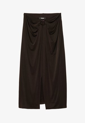 Svart midiskjørt laget av mykt stoff, med drapert design, sentral knutedetalj og en frontsplitt for ekstra bevegelse.