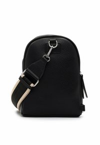 Black leather backpack with a rounded shape, textured finish, silver hardware, and a patterned strap featuring black and beige accents.
