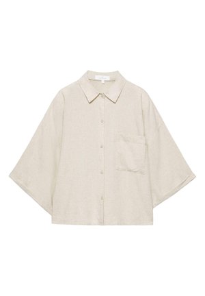 Beiges kurzärmeliges Hemd mit Knöpfen, spitzem Kragen und einer einzelnen Brusttasche, aus strukturiertem, leichtem Stoff.