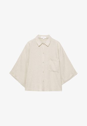 Béžová košeľa s krátkym rukávom na gombíky so špicatým golierom a jedným náprsným vreckom, vyrobená z textúrovaného ľahkého materiálu.