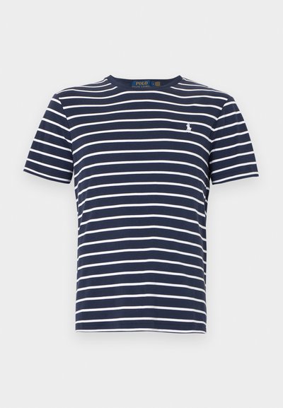 Κοντομάνικο μπλε ναυτικό T-shirt με λευκές οριζόντιες ρίγες και μικρό λευκό κεντημένο λογότυπο Polo Ralph Lauren στο στήθος.