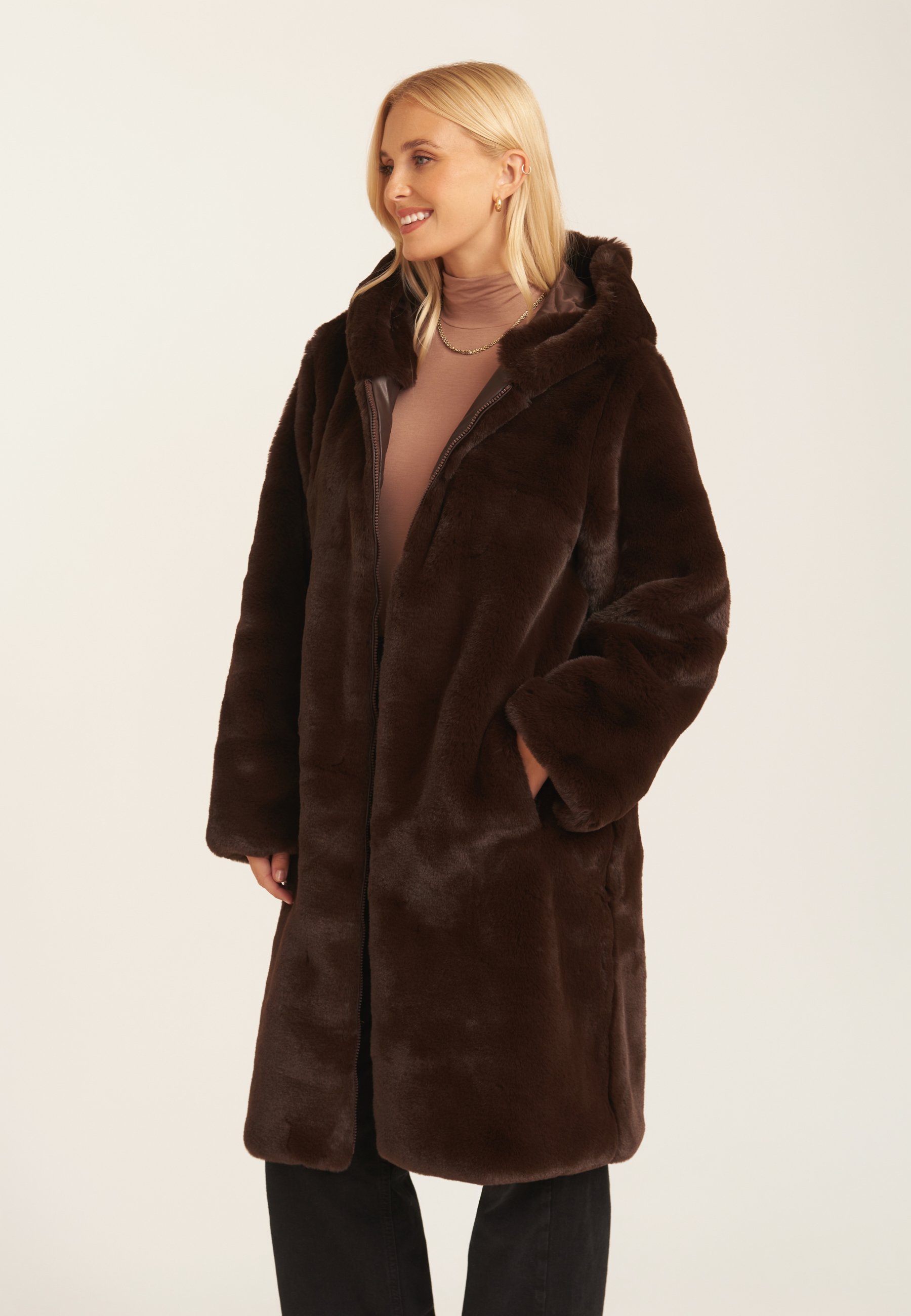 Gini London Oversized Faux Fur Hooded Coat Gini London Black Long Fur Coat  With Hood Fur Hood Black Gilet