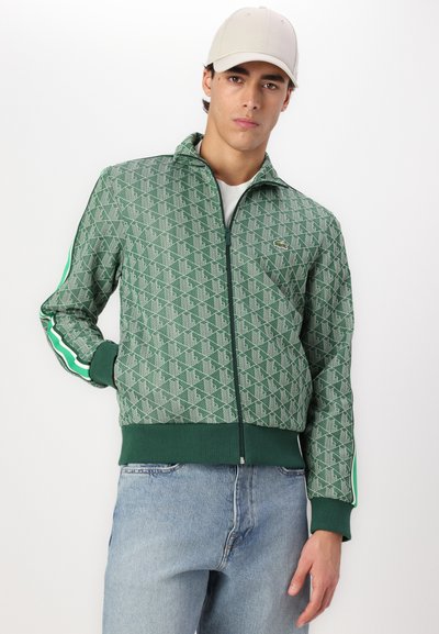 Veste zippée verte avec un motif géométrique, poignets et ourlet côtelés, accentuée par des bandes blanches et vertes sur les manches. Associée à un jean en denim clair.